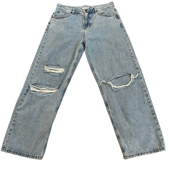 Motel Denim Baggy Straight Leg Jeans Size Large/31 Light Wash Distressed Ripped - Picture 1 of 10